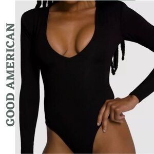 Good American Good Power Shoulder Black Deep V Long Sleeve Bodysuit XL
